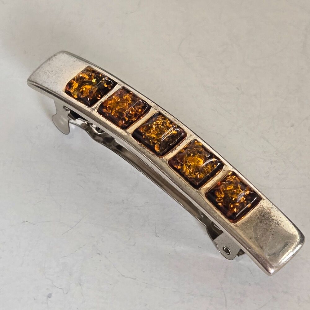 Vtg Genuine Baltic Amber French Barrette Hair Clip Cognac Square Mosaic 2.25"